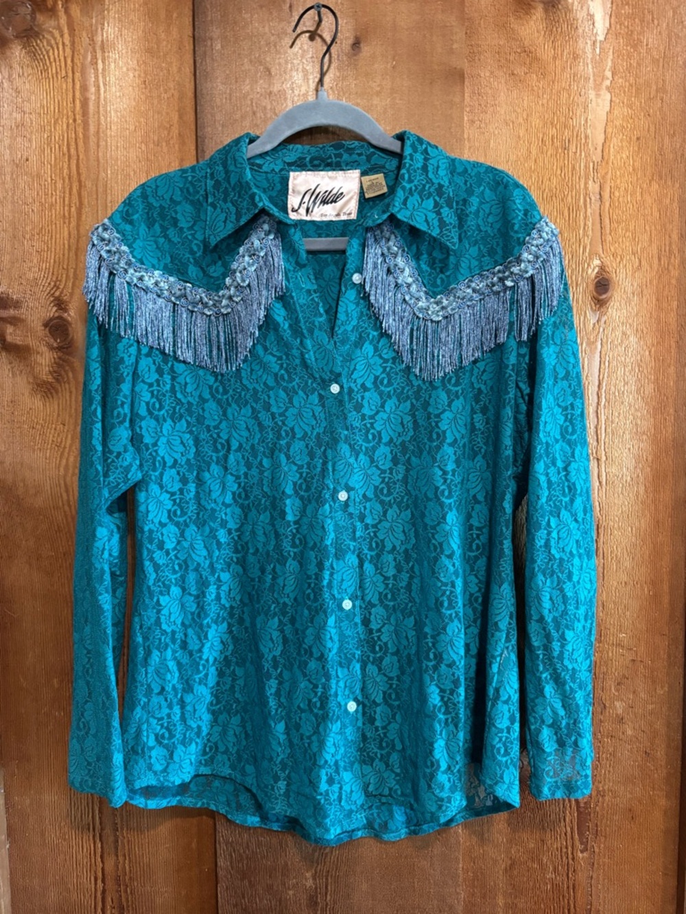 J. Wilde Teal Lace Fringe Western Yoke Shirt Top Sz L Vintage Cowgirl Rodeo